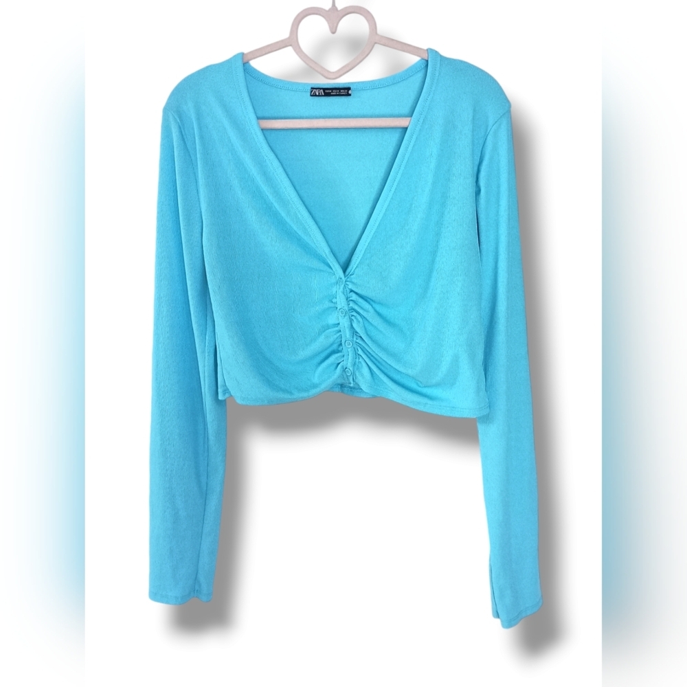 Zara Blue Ruched Long Sleeve Top - Picture 2 of 6